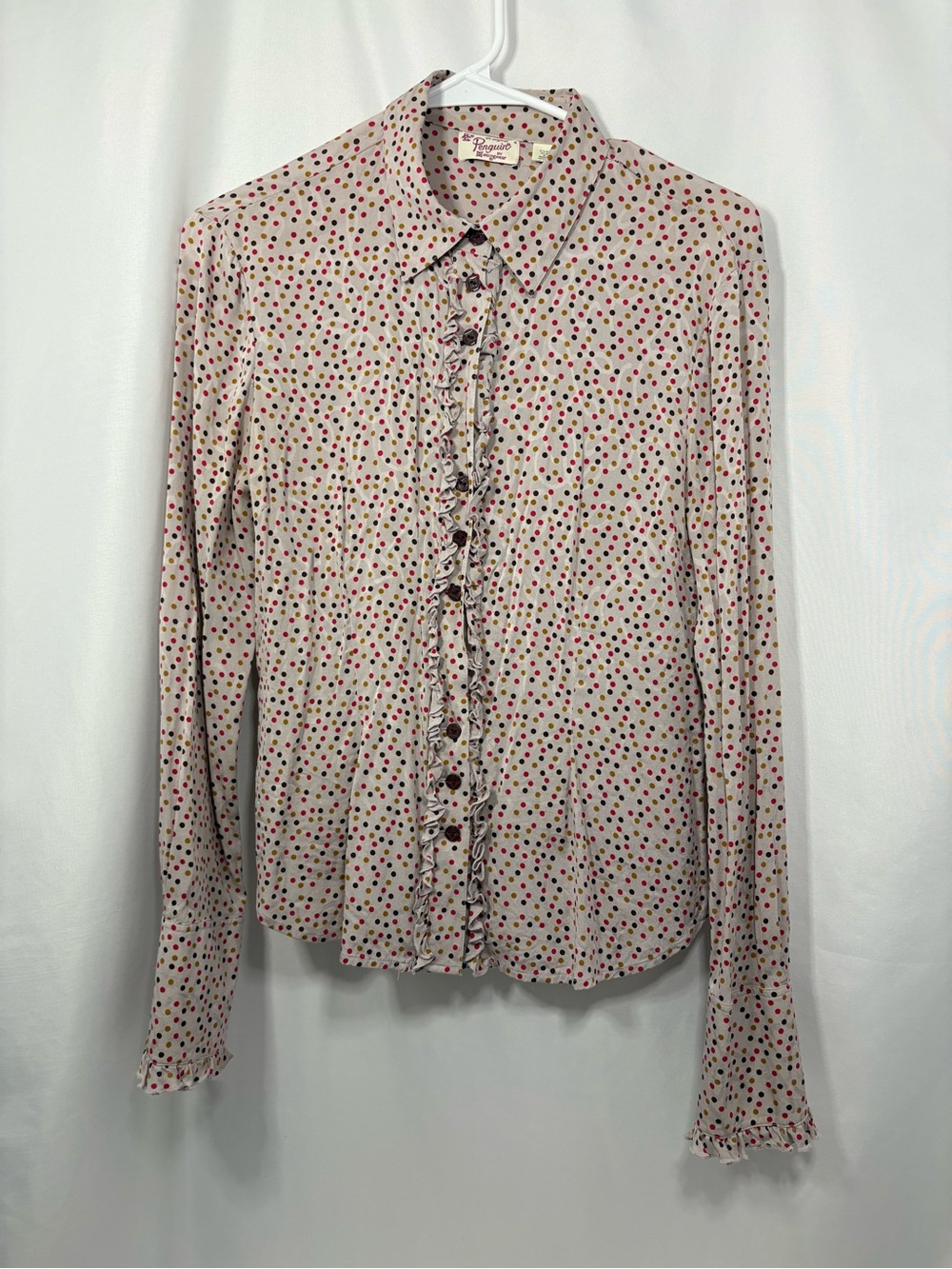 Vintage Penguin Cream Blouse with Pink and Red Polka Dots Ruffle Placket Size 4